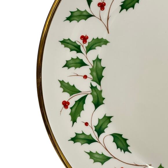 Lenox Holiday Dimension Dinner Plates Holly and Berry Ivory Gold Trim-Set of 4 - Picture 6 of 8